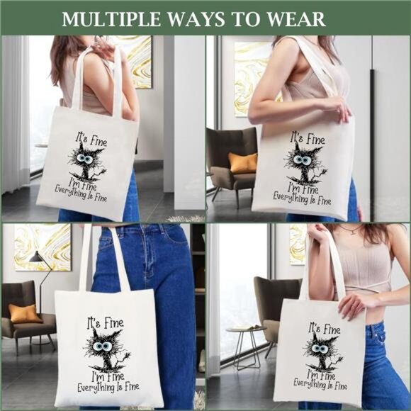 Canvas Tote Bag for Women Aesthetic Cute Cat Shopping Grocery Reusable Bag - Picture 5 of 7